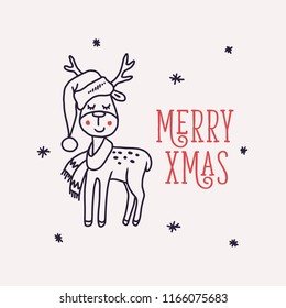 Merry Christamas greeting card with deer. Hand drawn doodle art cute reindeer drawing. Xmas related print. Vector vintage illustration.
