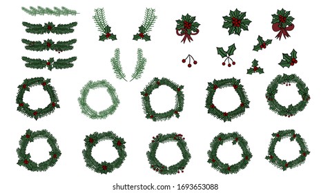 La decoración de Feliz Navidad establece la ilustración vectorial. Ramas de árbol y colección de flores de abeto con bayas rojas para la celebración de las vacaciones de diciembre, tarjeta de invitación, afiche, cartel. Símbolo mistletoe.