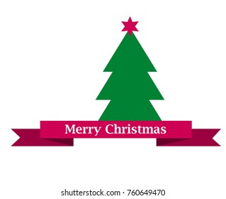 merry christams sign on red ribbon and simple flat green chirstmas tree with star vector illustration isolated on white