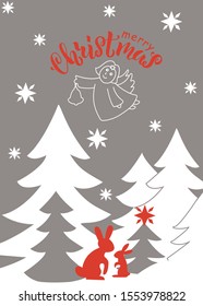 Merry Christma hand written phrase. Modern brush calligraphy, hand lettering. Illustration of Christmas tree, snowflakes, rabbits, angel. Design for greeting card, celebration poster. Vector EPS10