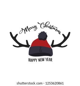 Merry Christma & Happy New Year. Typographical greeting card design with funny christmas illustration. Deer antlers with tattered cap. Vector Eps10.
