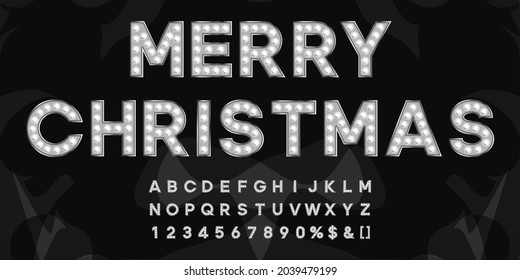 Merry Christmaas letters in silver with cold light bulbs. Abc alphabet for creating vintage text for theater or movie event