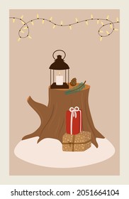 Merry christman greeting card with winter illustration. Hand drawn vector stump, gift boxes, lantern, pine branch, garland, cone. Vintage template, flyer, poster