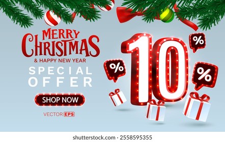 Merry Christmas, 10 percent Off discount. Sale banner and poster. Vector illustration.