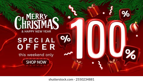 Merry Christmas, 100 percent Off discount. Sale banner and poster. Vector illustration.