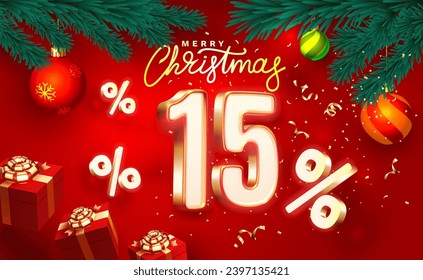 Merry Christmas, 15 percent Off discount. Sale banner and poster. Vector illustration.