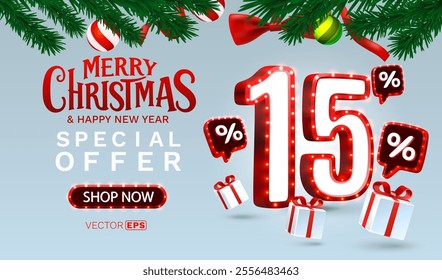 Merry Christmas, 15 percent Off discount. Sale banner and poster. Vector illustration.