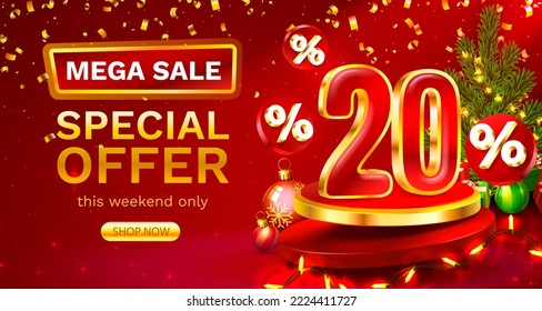 Merry Christmas, 20 percent Off. Discount creative composition. Sale banner and poster. Vector illustration.