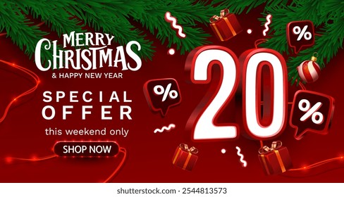 Merry Christmas, 20 percent Off discount. Sale banner and poster. Vector illustration.