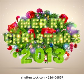 Merry Christmas 2013 3d vector letters for Xmas design, Set of holiday elements: balls, gifts, fur tree branches, snowman, Santa, sweet, snowflakes, holly berries, gingerbread man and garland.
