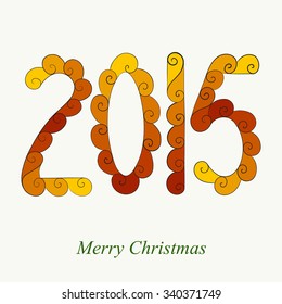Merry Christmas 2015. Abstract vector hand drawn decorative calligraphy stylized vintage ornate multicolored doodle cartoon illustration. Xmas greeting. Isolated on a whitish background. Eps 8.