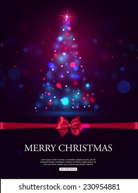 Merry Christmas 2015 celebration concept with xmas tree lights, red bow and place for text. Shining background. Vector illustration.