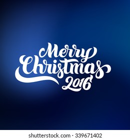 Merry Christmas 2016 hand-lettering text on blue background. Handmade vector calligraphy collection