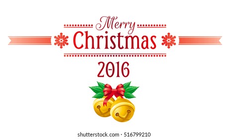 Merry Christmas 2016 Holiday Horizontal Banner Isolated On White Background. Vector Illustration, Jingle Bells Bow Ribbon Decoration Icon