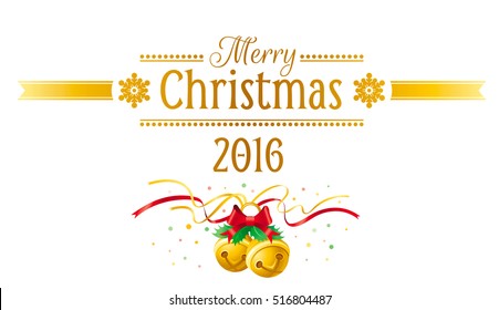 Merry Christmas 2016 Holiday Horizontal Banner Isolated On White Background. Vector Illustration, Jingle Bells. Bow, Ribbon Confetti Decoration Icon Design