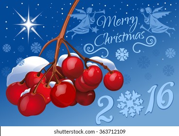 Merry Christmas 2016. Holiday winter background with angels and branch of rowan in the snow. Christmas & New Year design. Vector greeting card.