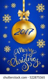 Merry Christmas 2017 callygraphy with gold Christmas ball and snowflakes on knitted texture background. Merry Christmas 2017 card. Vector illustration.
