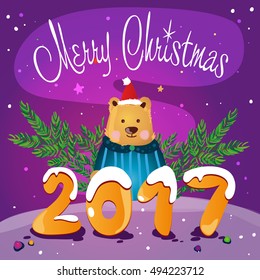 Merry Christmas  2017 card, vector illustration purple