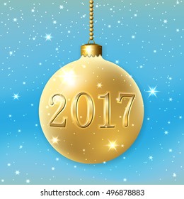 Merry Christmas 2017 decoration on blue background. 3d gold ball. Glitter, number, golden bauble, white snowflakes. Greeting card. Happy New Year celebration. Holiday design Vector illustration