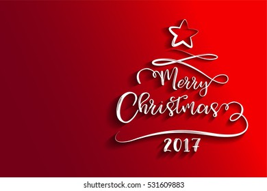 merry christmas 2017 in drawing hand style in christmas tree shape on red for background