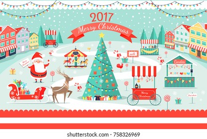 Merry Christmas 2017 festive fair poster with cheerful Santa Claus, decorated spruce, candies stores and gifts on sledge vector illustration.