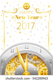 Merry Christmas 2017 Happy New year flyer. Greeting card design with clockwork, cogwheel, minute, hour hand, vintage clock element on white background. Gold silver Xmas icon, text lettering