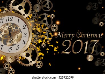 Merry Christmas 2017 illustration  Vector and gold clock  glitter  elegant luxury gold  midnight with cog. 