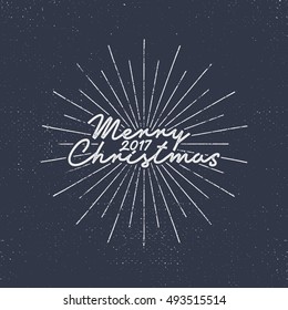 Merry Christmas 2017 lettering. Holiday typography Vector Illustration. Letters composition with sun bursts. New year style. Use as photo overlay, place to cards, print on t shirt, tee designs