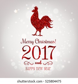 Merry Christmas 2017 and New Year typographical with rooster on holidays background with snowflakes, light, stars. Vector Illustration. Xmas card