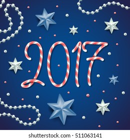 Merry Christmas 2017 number striped candy texture text greetings on festive blue background with balls, stars, beads, confetti. Vector illustration. Xmas greeting card. Holly Jolly 2017 candy text.