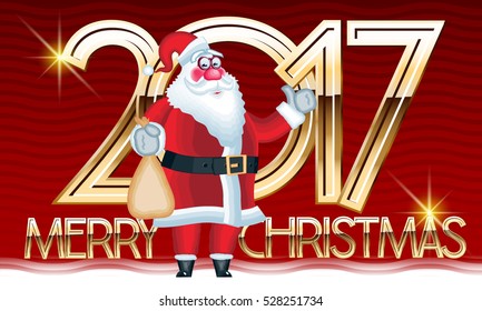 Merry Christmas 2017 vector greeting card with Santa Claus holding present