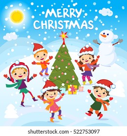 Merry Christmas. 2017. Winter fun. Cheerful kids playing in the snow. Stock vector illustration of a group of happy children in red Santa hat
