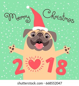 Merry Christmas 2018 card with dog. Funny pug congratulates on the holiday. Colored postcard in the cartoon style. Vector illustration.