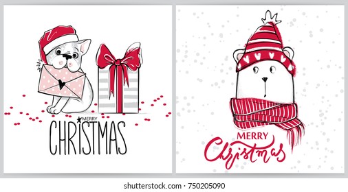 Merry Christmas 2018 collection with cute greeting cards. Funny bear and french bulldog puppy. Vector Happy New Year collection. Winter design. Happy holidays template. Cartoon animals. Xmas set.