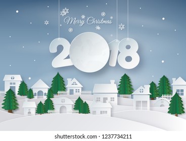 Merry Christmas 2018 concept. a full moon with snowflake and snowball falling in the air. Origami and Paper art. Vector illustration. City space and urban landscape in winter season.