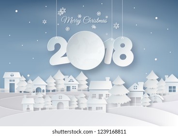 Merry Christmas 2018 concept. a full moon with snowflake and snowball falling in the air. Origami and Paper art. Vector illustration. City space and urban landscape in winter season.