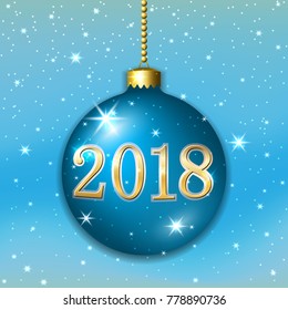 Merry Christmas 2018 decoration on blue background. 3d ball. Stars, glitter, number and bauble, white snowflakes. Bright xmas card. Happy New Year celebration. Holiday design Vector illustration