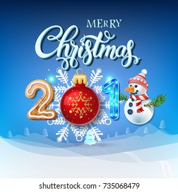Merry Christmas 2018 decoration poster card. Happy New Year sign background and composition on a snowy field with Christmas toys and Snowman, garlands, candy canes, gingerbread and snowflakes.Vector 