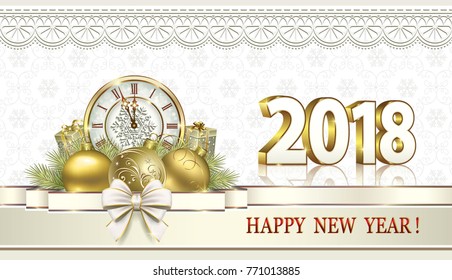 Merry Christmas 2018. Gift boxes with clocks and bow on the background of snowflakes. Vector illustrations