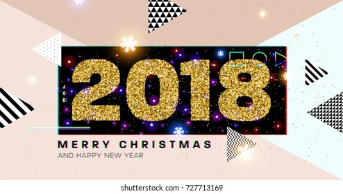 Merry Christmas 2018 greeting vector illustration with golden glitters, sparkles and glowing snowflakes