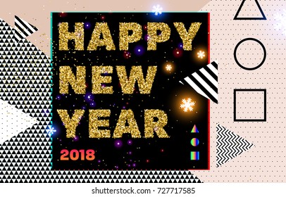 Merry Christmas 2018 greeting vector illustration with golden glitters, sparkles and glowing snowflakes