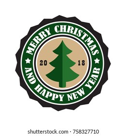 Merry Christmas 2018, and happy New Year, sticker of round shape with borders and frames, title and image of pine tree on vector illustration