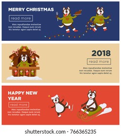 Merry Christmas and 2018 Happy New Year greeting banners of vector dog cartoon character celebrating holiday