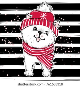 Merry Christmas 2018 illustration with funny dog. Hand drawn vector Pomeranian Spitz puppy. Happy New Year collection. Winter design. Happy holidays card. Cartoon animals. 