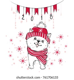 Merry Christmas 2018 illustration with funny dog. Hand drawn vector Pomeranian Spitz puppy. Happy New Year collection. Winter design. Happy holidays card. Cartoon animals. 