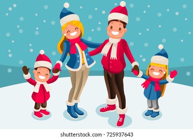 Merry Christmas 2018 and New Year wishes. Kids holiday family set with winter cap. Parents and children smiling under snowfall in snow landscape. Flat vector illustration