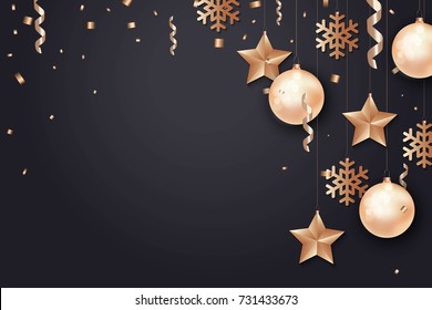 Merry Christmas and 2018 New Year background for holiday greeting card, invitation, party flyer, poster, banner. Gold ball, star, snowflake, confetti on black background.