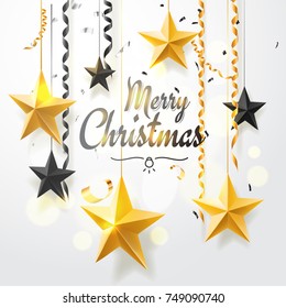 Merry Christmas and 2018 New Year background for holiday greeting card, invitation, party flyer, poster, banner. Gold, black, star, serpentine, realistic confetti on white background.