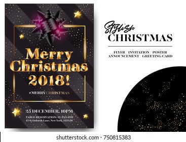 Merry Christmas 2018 Stylish Black Greeting Card Design. Vector Elegant Invitation Template. Xmas Celebration Event Poster. Elegant Dark Background with Shining Text and Gold Glitter Stripes.