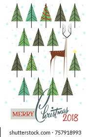 Merry Christmas 2018 Vector Greeting Card with Deer